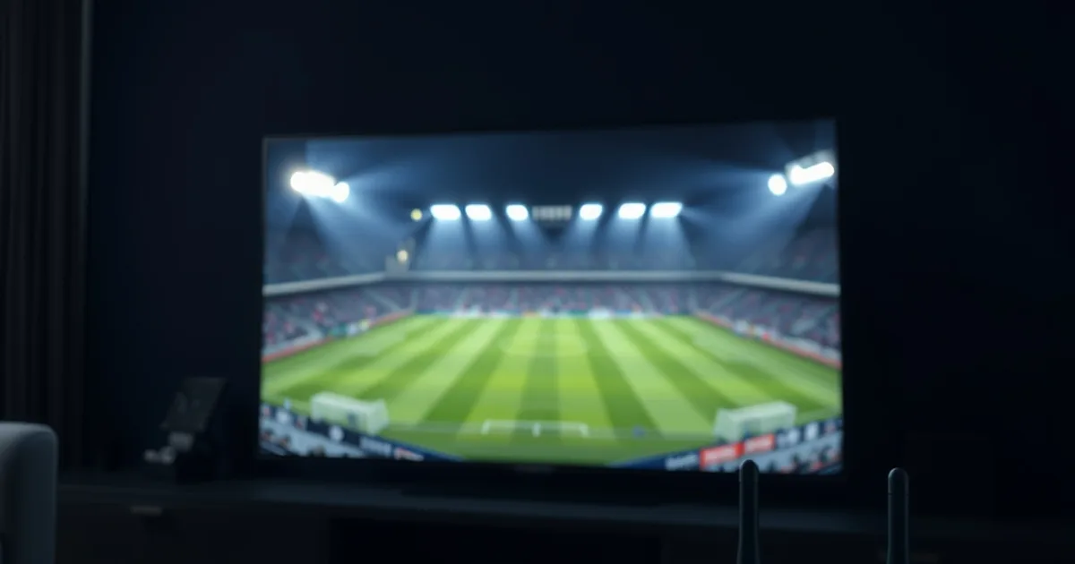 Salón a oscuras con un televisor encendido mostrando un estadio de fútbol iluminado y un cable de red conectado al router en primer plano