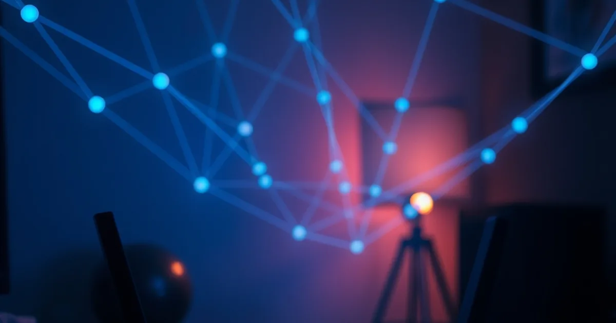 Router doméstico iluminado en la oscuridad con líneas de red azules flotando encima, representando el cambio de servidor DNS