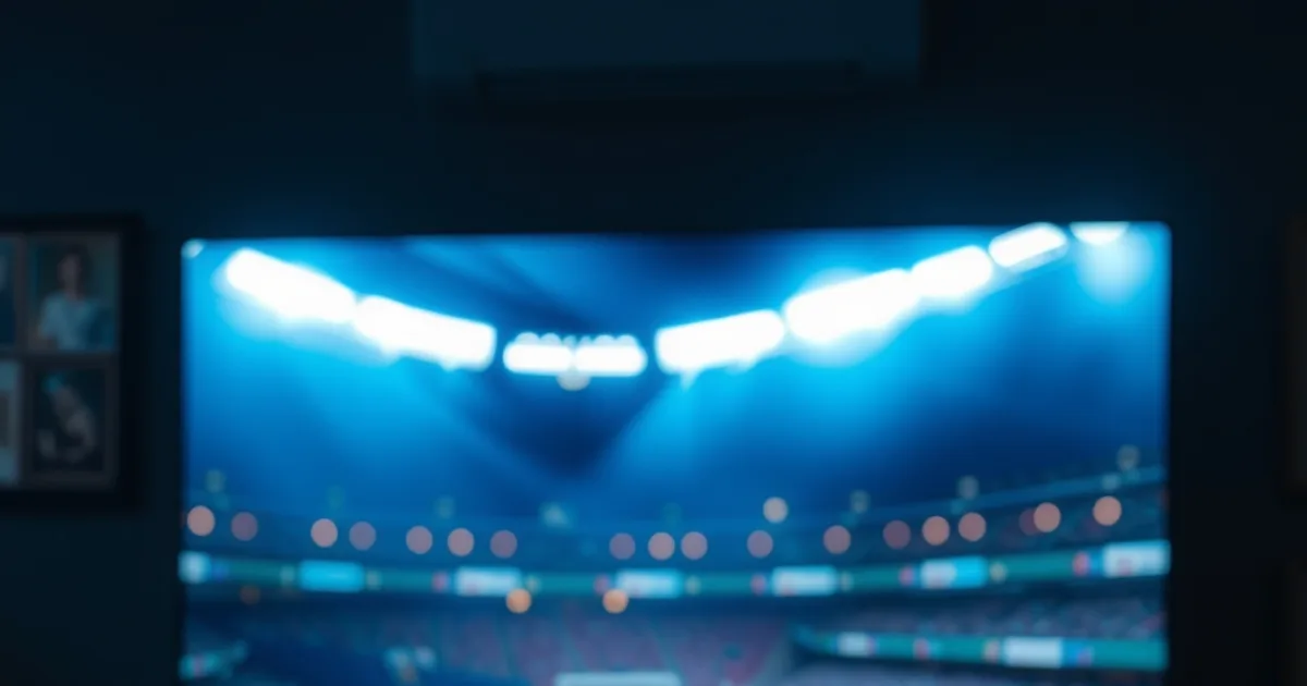Salón a oscuras iluminado por el resplandor de una pantalla y un router con cable Ethernet, ambiente nocturno de noche de Champions League