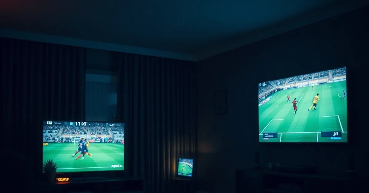 Salón a oscuras con una televisión grande retransmitiendo un partido de Copa del Rey y un router con luces encendidas en primer plano