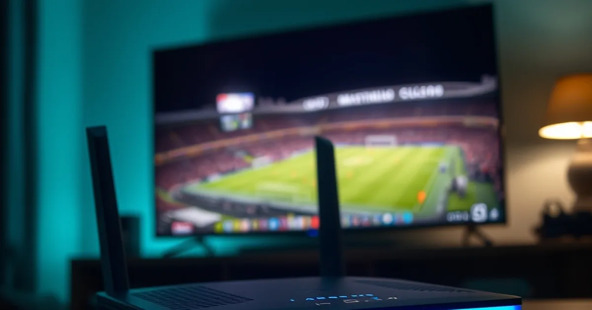 Router con luces LED y cable Ethernet conectado, con una pantalla de fondo mostrando un campo de fútbol iluminado, ambiente oscuro y cinematográfico