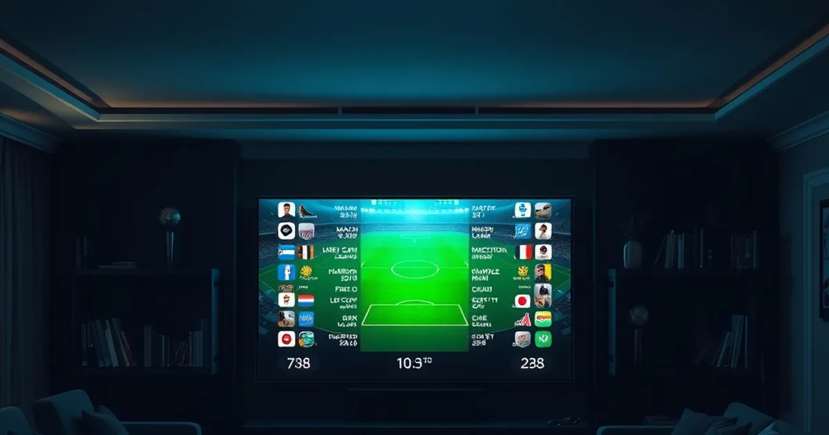 Televisor en un salón a oscuras mostrando una parrilla de programación con horarios de partidos, ambiente cinematográfico