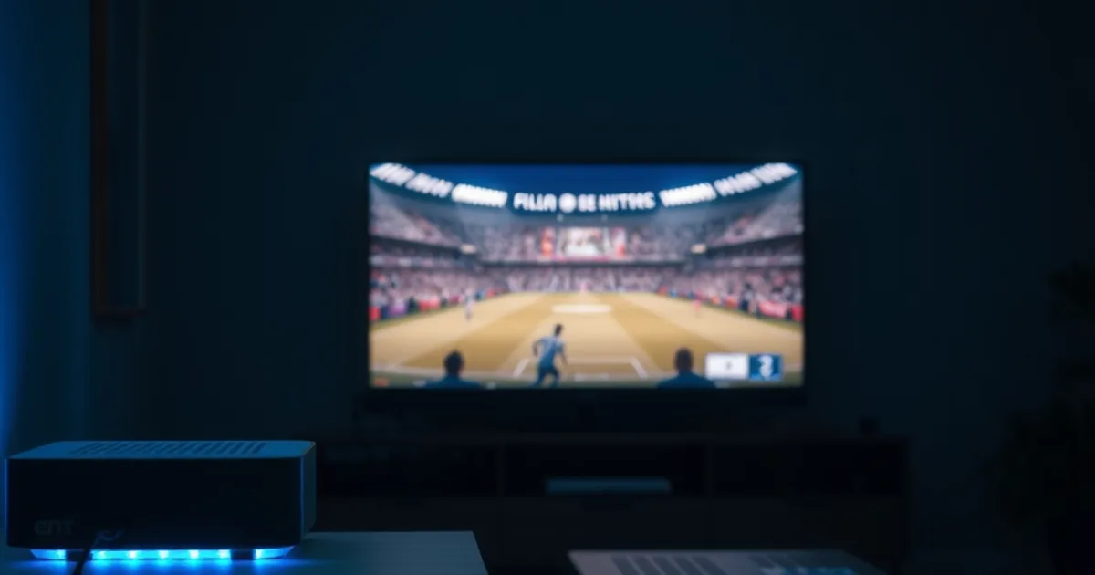 Salón a oscuras con un router de fibra óptica iluminado en azul junto a un televisor encendido con un partido de fútbol, y un descodificador de operador apagado y desconectado al lado