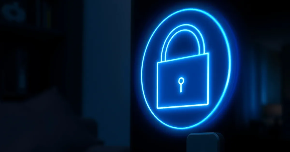 Fire Stick conectado a un televisor en una sala oscura, con un icono de candado digital superpuesto que simboliza el bloqueo de Vega OS al sideloading