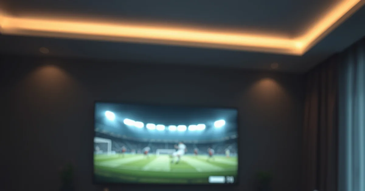 Salón oscuro y cinematográfico con un televisor mostrando un partido de fútbol en pausa y un mando de Android TV con luz roja de grabación en primer plano