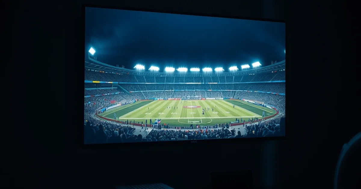 Televisor 4K encendido de noche en un salón oscuro, con el resplandor HDR de un estadio de fútbol iluminando la habitación y un router con luces LED junto a la caja de streaming.