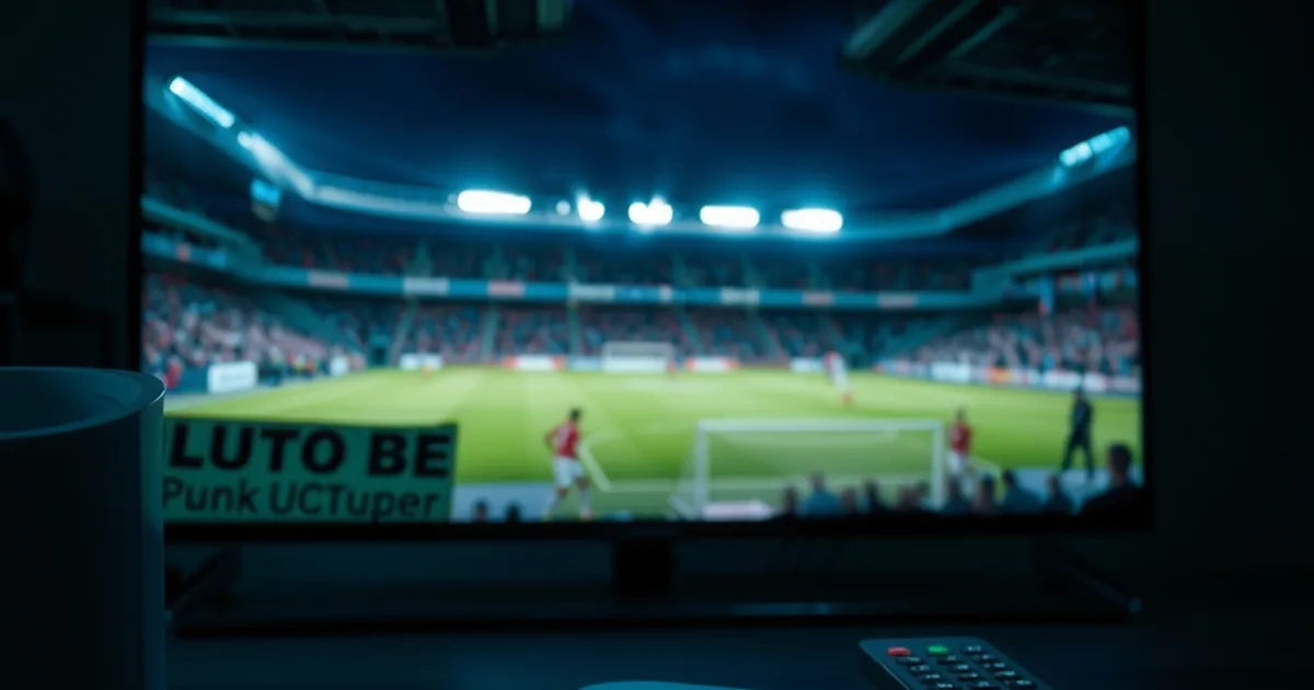 Android TV box con luz azul junto a una pantalla oscura mostrando un partido de fútbol, ambiente cinematográfico nocturno