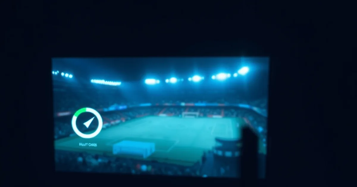 Salón oscuro de noche con la pantalla de un televisor mostrando un icono de carga y el reflejo tenue de un estadio de fútbol, mientras un router parpadea en primer plano.