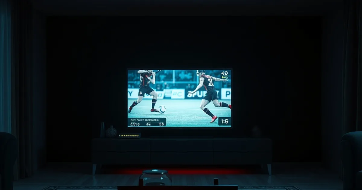 Salón a oscuras con una señal de televisión deportiva cortándose junto a un router con luz roja parpadeante, representando un bloqueo IPTV en tiempo real