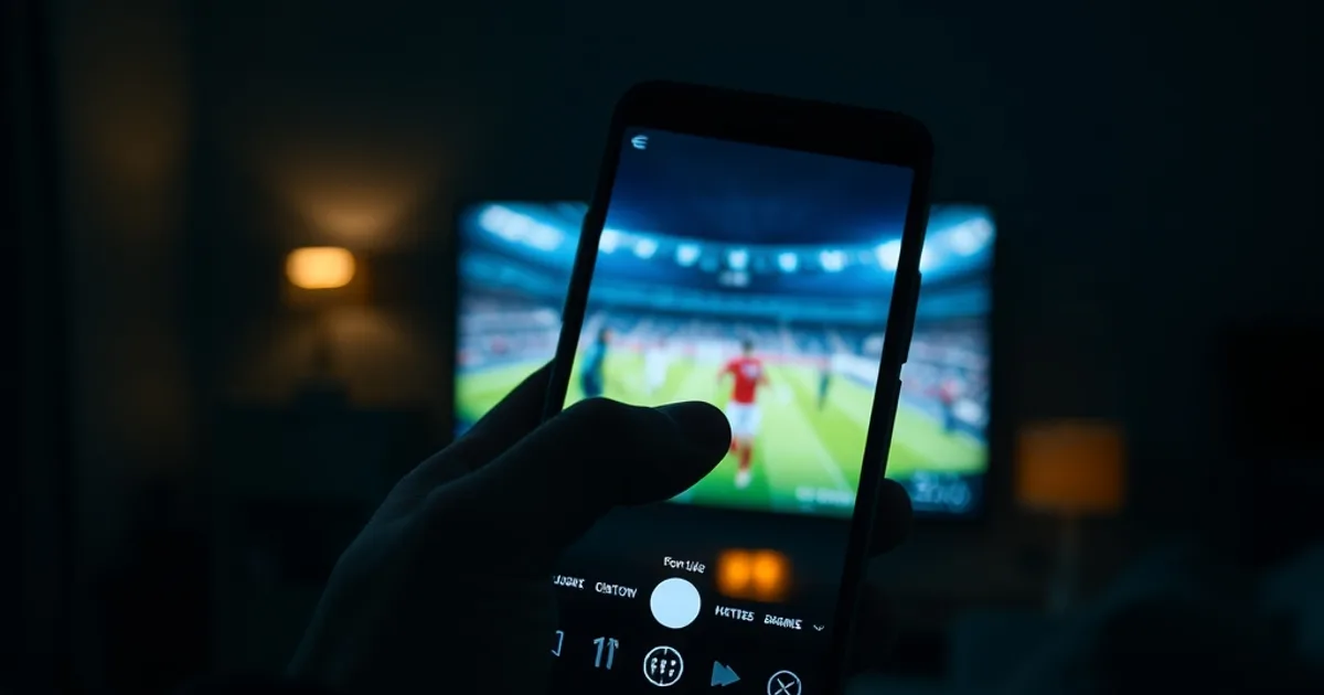 Mano sosteniendo un móvil con un partido de fútbol en directo, con un televisor encendido de fondo en una sala oscura