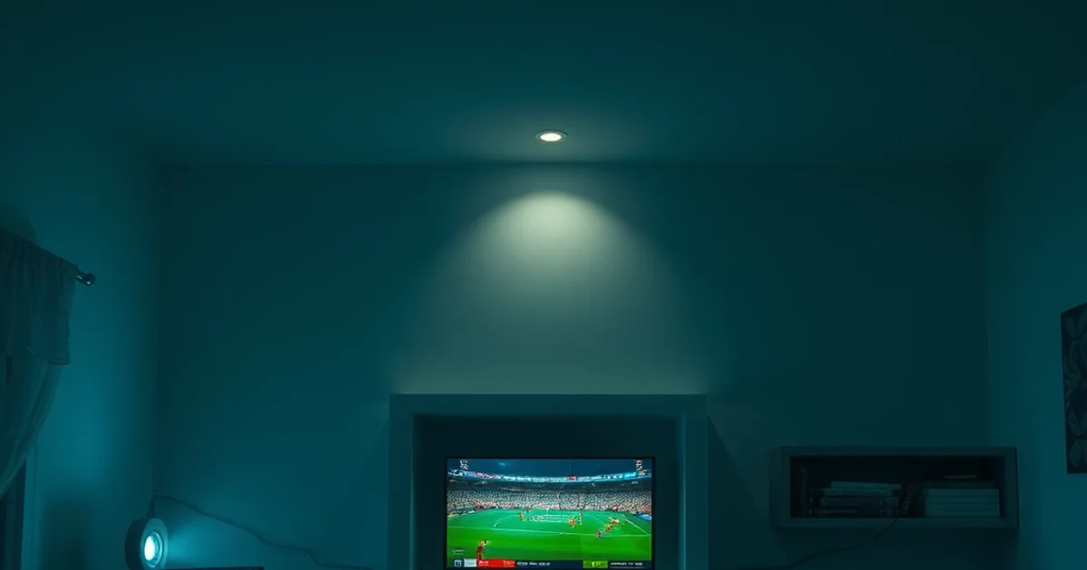 Vista nocturna de una casa con varias habitaciones, cada una con un televisor encendido mostrando un partido de fútbol distinto, conectadas por cables de red visibles hasta un router