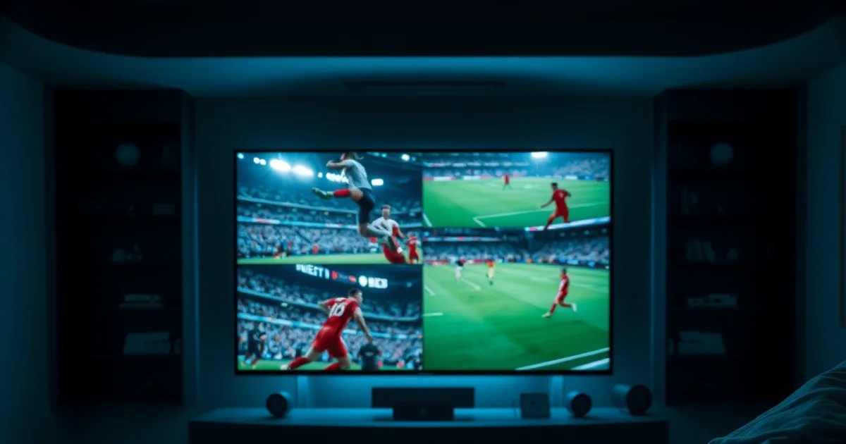 Sala de estar oscura con un televisor grande mostrando cuatro partidos de la Champions League en pantalla dividida y una tablet encendida en el sofá.