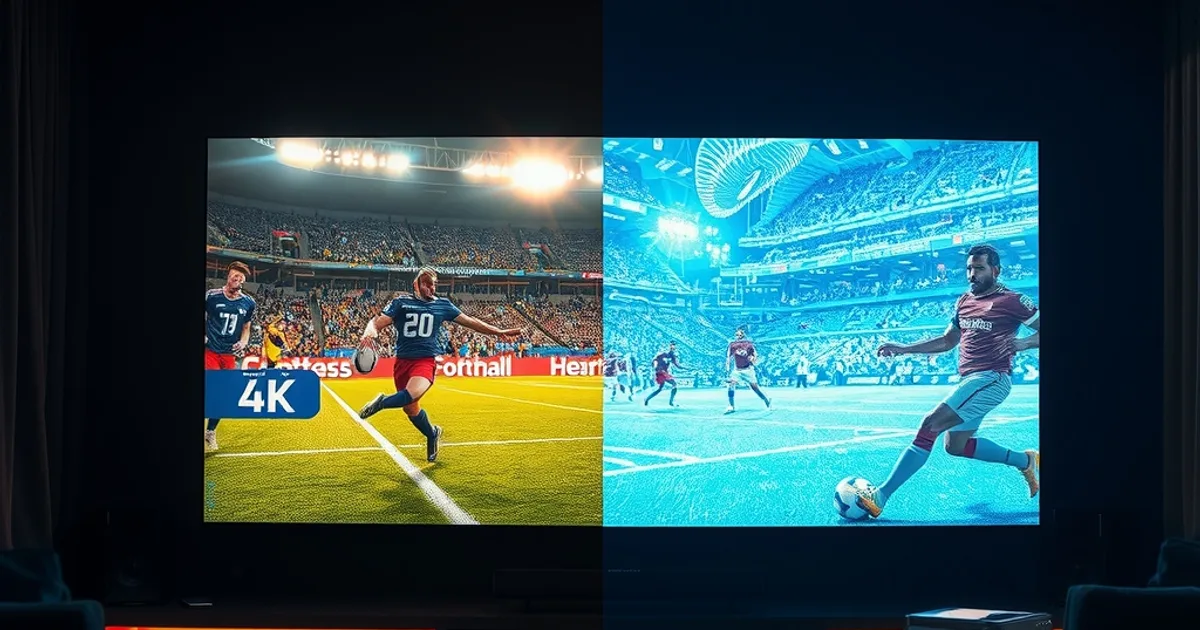 Comparación visual entre una pantalla de fútbol nítida en 4K en una sala de cine en casa y otra pantalla congelada y pixelada, en un ambiente oscuro y cinematográfico.