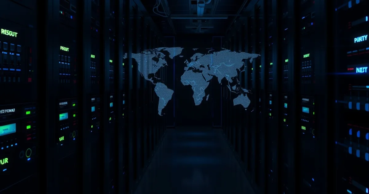Sala de servidores oscura con luces azules que representan la infraestructura de red detrás de un servicio IPTV premium