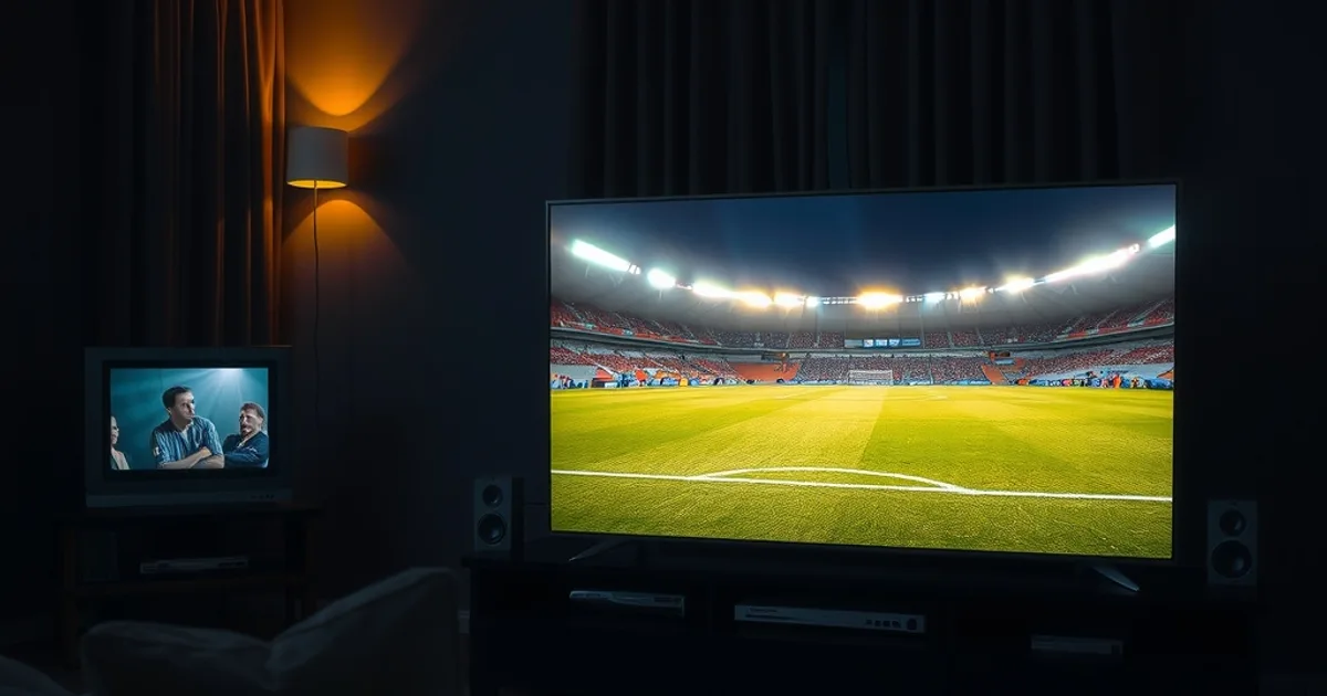Comparación en una sala oscura entre una pantalla pequeña con imagen borrosa de fútbol y un televisor grande mostrando un partido nítido en 4K HDR.