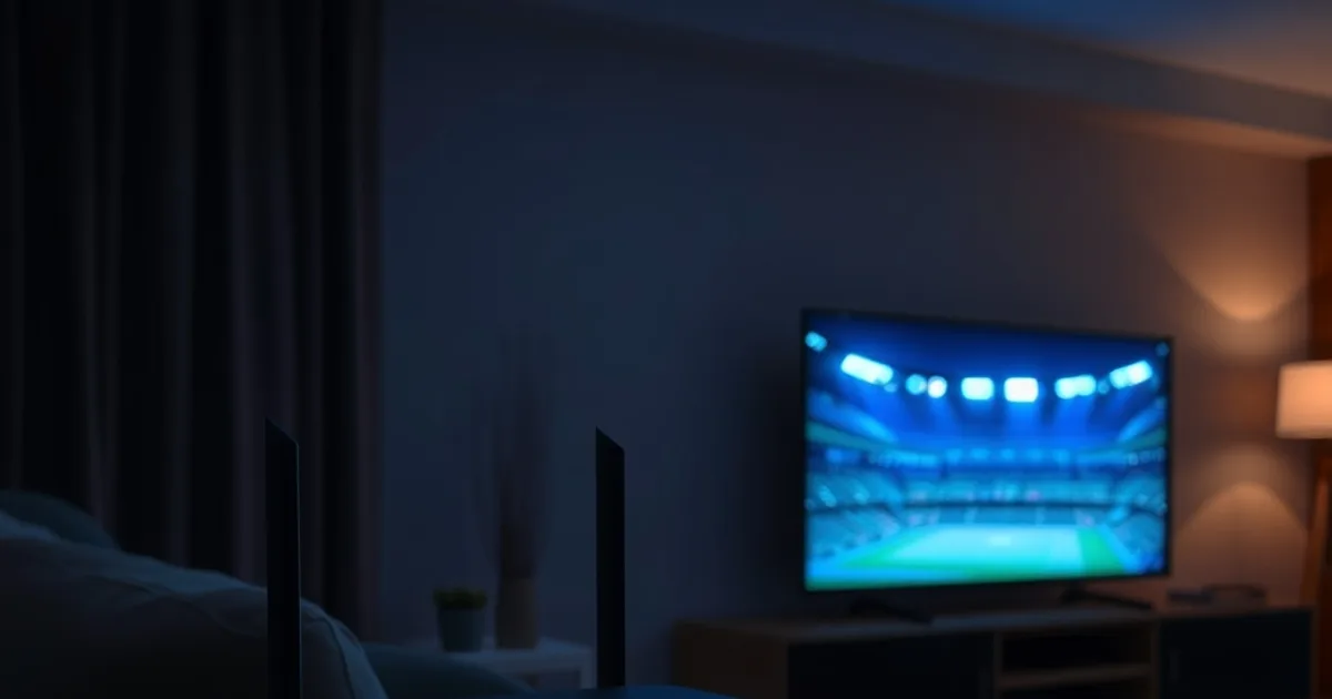 Router con cable Ethernet en primer plano y un televisor encendido de fondo en un salón en penumbra, ambiente cinematográfico oscuro