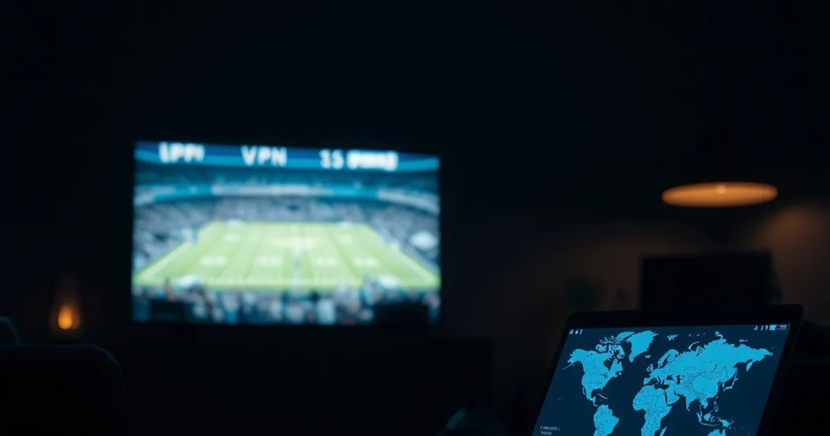 Salón a oscuras de noche con la televisión congelada a mitad de un partido de fútbol y un portátil cercano mostrando un mapa de conexión VPN en tonos azules.