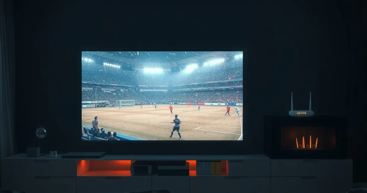 Televisor en una sala oscura mostrando una imagen de fútbol en directo congelada y pixelada, con un router encendido de fondo