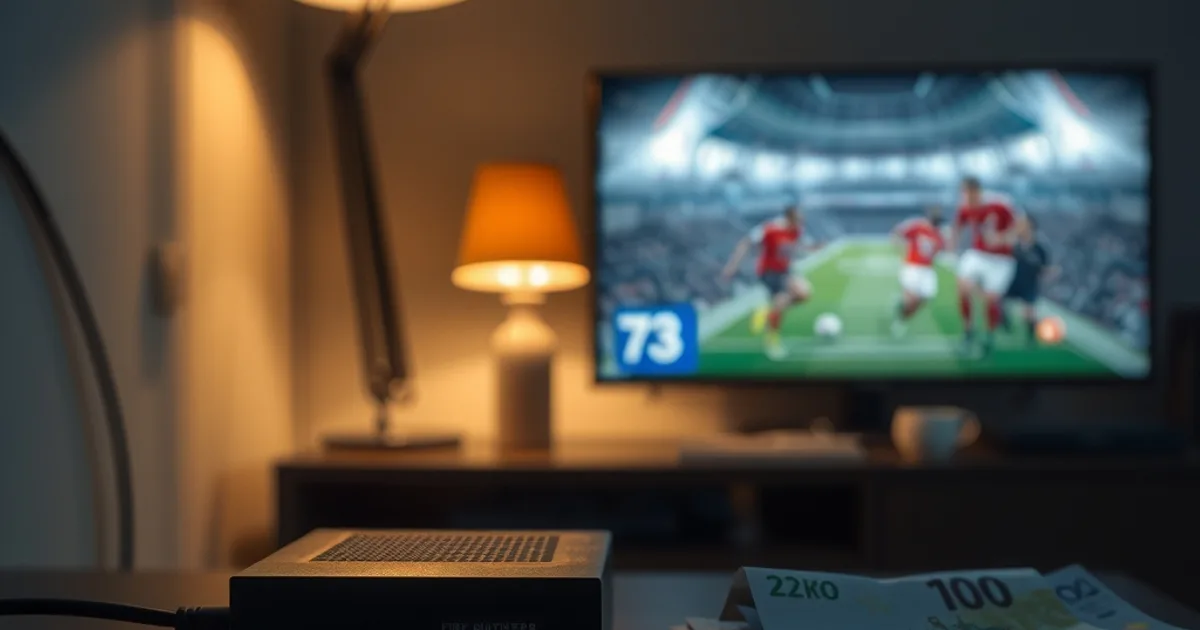 Escritorio oscuro con un router de fibra iluminado en azul a un lado y una pila de monedas de euro junto a una factura bajo luz cálida al otro, con un televisor de fondo mostrando un partido de fútbol