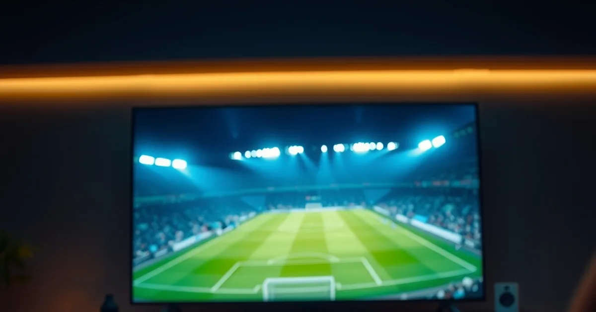 Salón oscuro y moderno con un televisor grande mostrando el resplandor de un estadio de fútbol francés de noche
