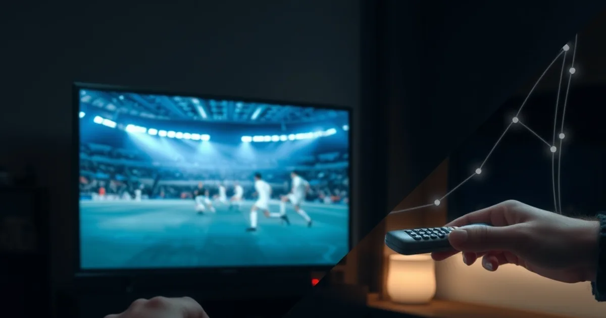 Escena dividida en penumbra: a un lado un televisor con el partido congelado y en baja calidad, al otro el mismo salón con una transmisión de fútbol fluida en 4K y líneas de red difuminadas de fondo.