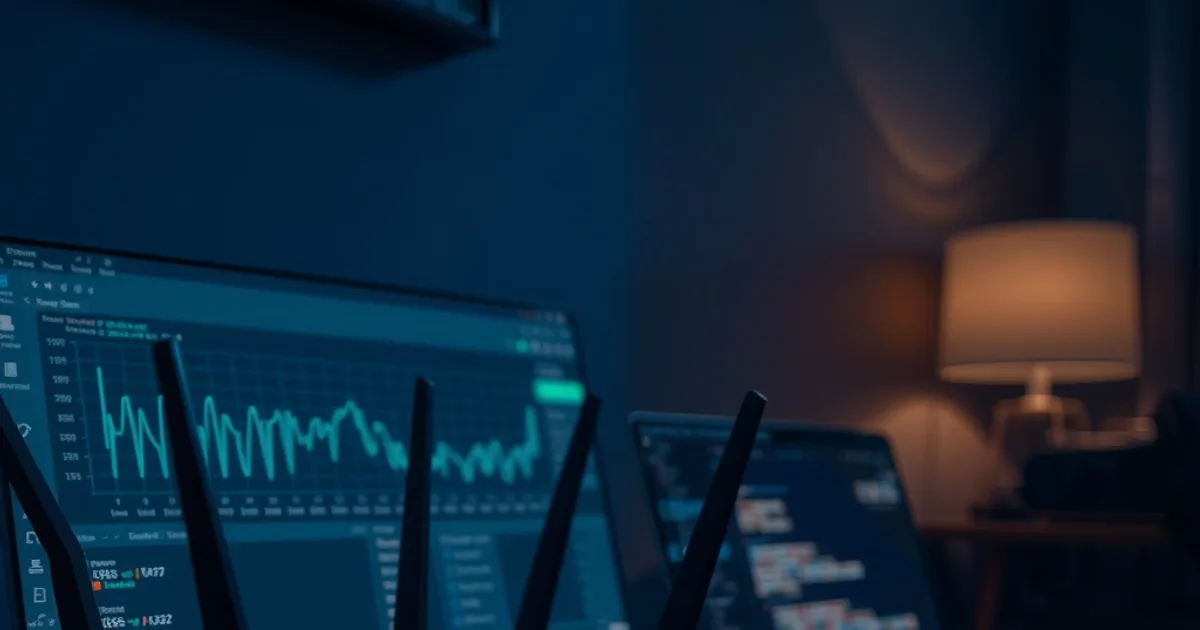 Router con luces LED azules junto a un portátil mostrando un gráfico de diagnóstico de red por la noche