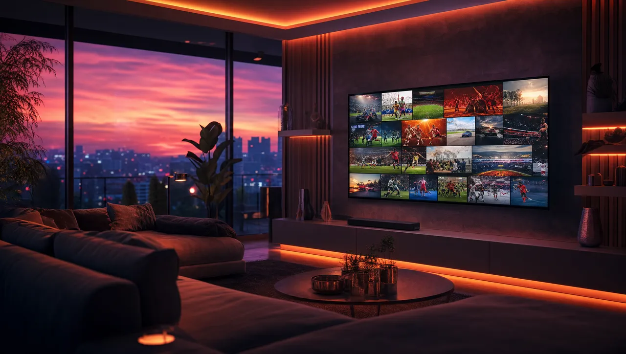 Televisor en un salón mostrando canales en directo, deporte y películas reunidos en la mejor IPTV