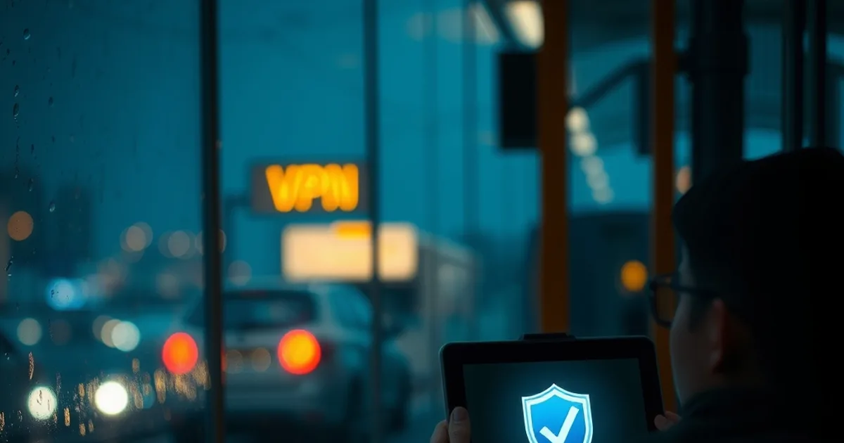 Viajero viendo un partido de fútbol en una tablet dentro de una estación nocturna, con ambiente cinematográfico oscuro