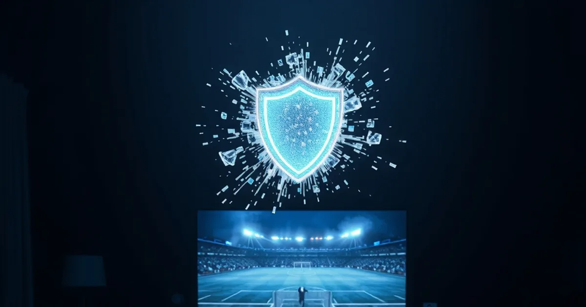 Salón a oscuras con la pantalla del televisor congelada en pleno partido de fútbol y un icono de escudo translúcido agrietándose sobre ella, simbolizando el fallo de la VPN