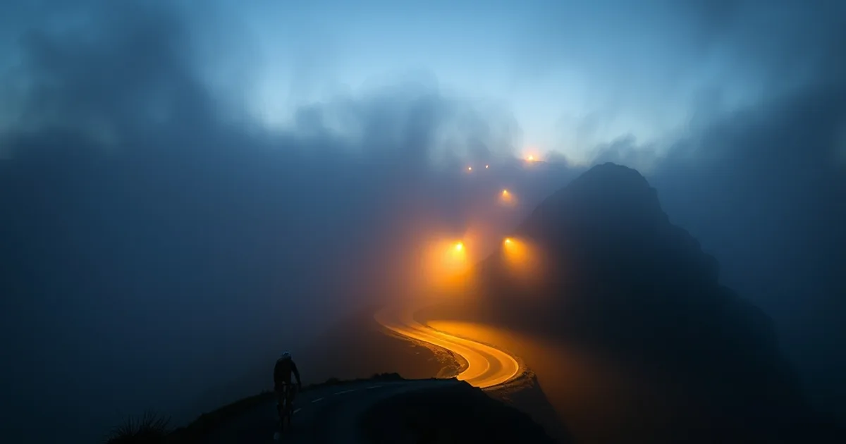 Silueta de un ciclista subiendo un puerto de montaña al atardecer, reflejada en la pantalla oscura de un televisor de salón que emite una transmisión en directo