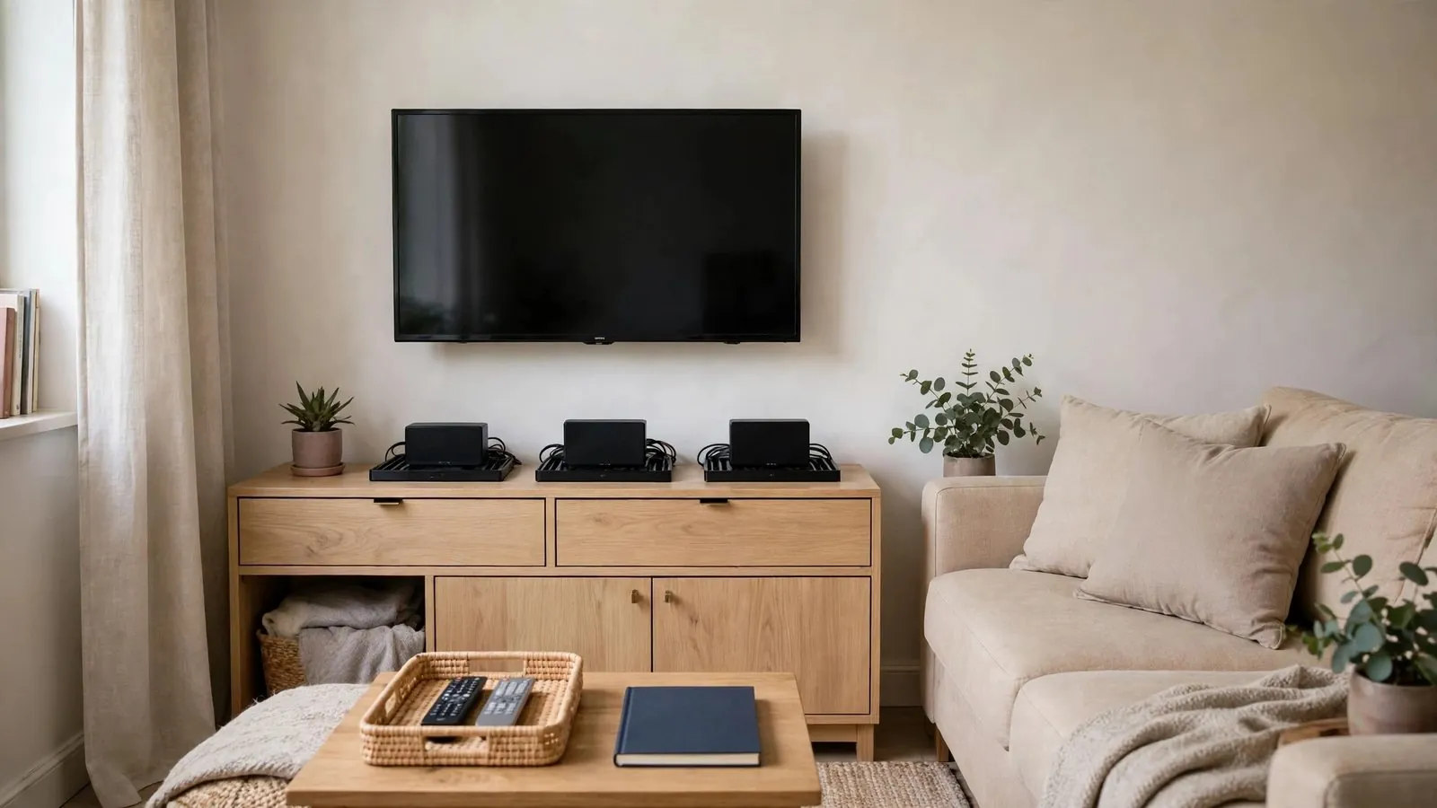 Estancia compacta con sofá tapizado frente a un televisor apagado colgado en la pared.